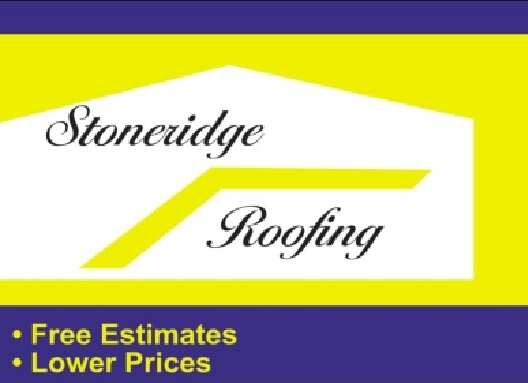 Logo for Stoneridge Roofing in yellow, white, and blue, featuring the text "Free Estimates" and "Lower Prices" in yellow letters at the bottom.
